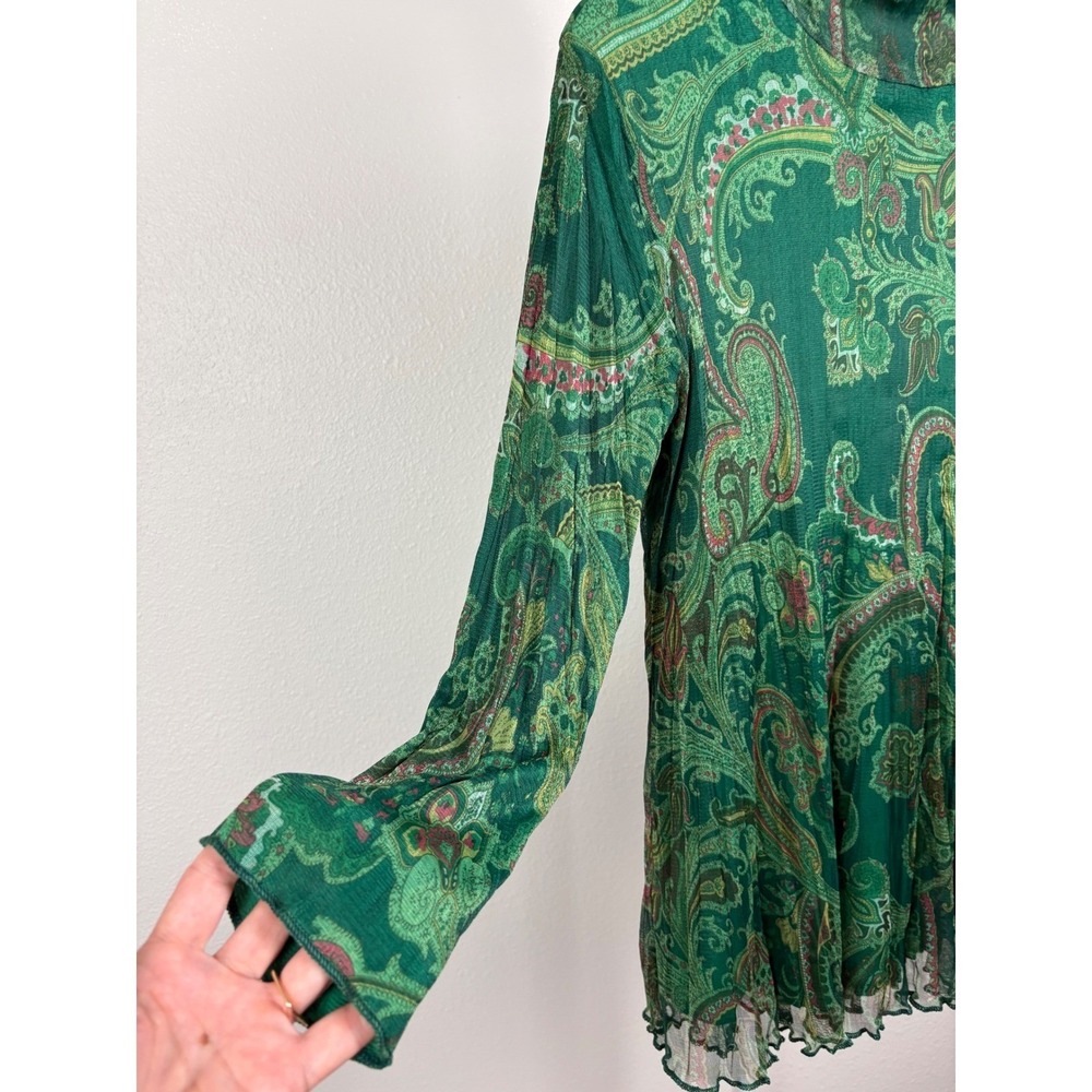 Soft Goth Green Paisley Blouse Mesh Mock Neck Lettuce Edge Long Sleeve Stretchy - Picture 5 of 8